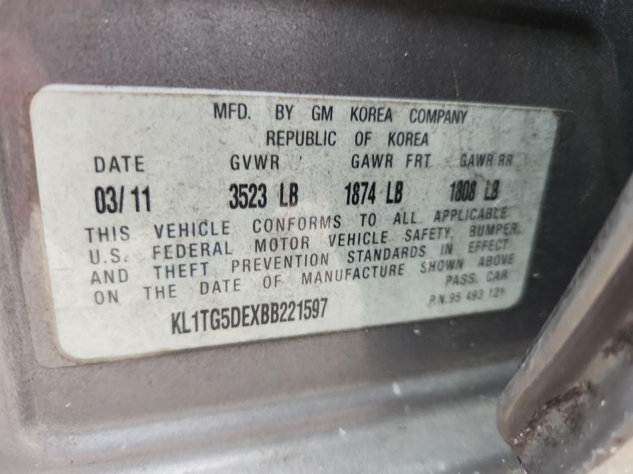 2011 Chevrolet Aveo Lt VIN: KL1TG5DEXBB221597 Lot: 71108655