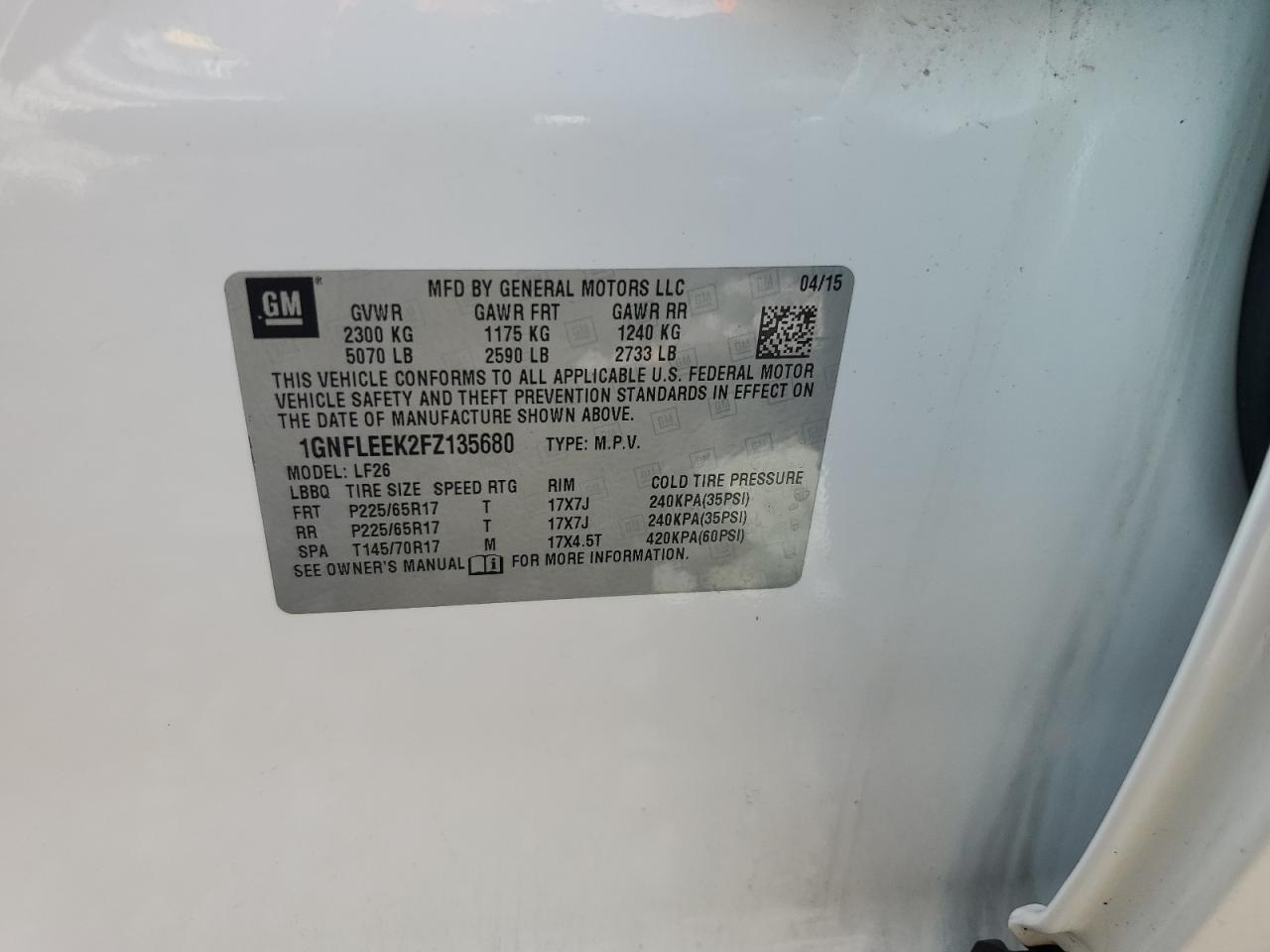 2015 Chevrolet Equinox Ls VIN: 1GNFLEEK2FZ135680 Lot: 84175625