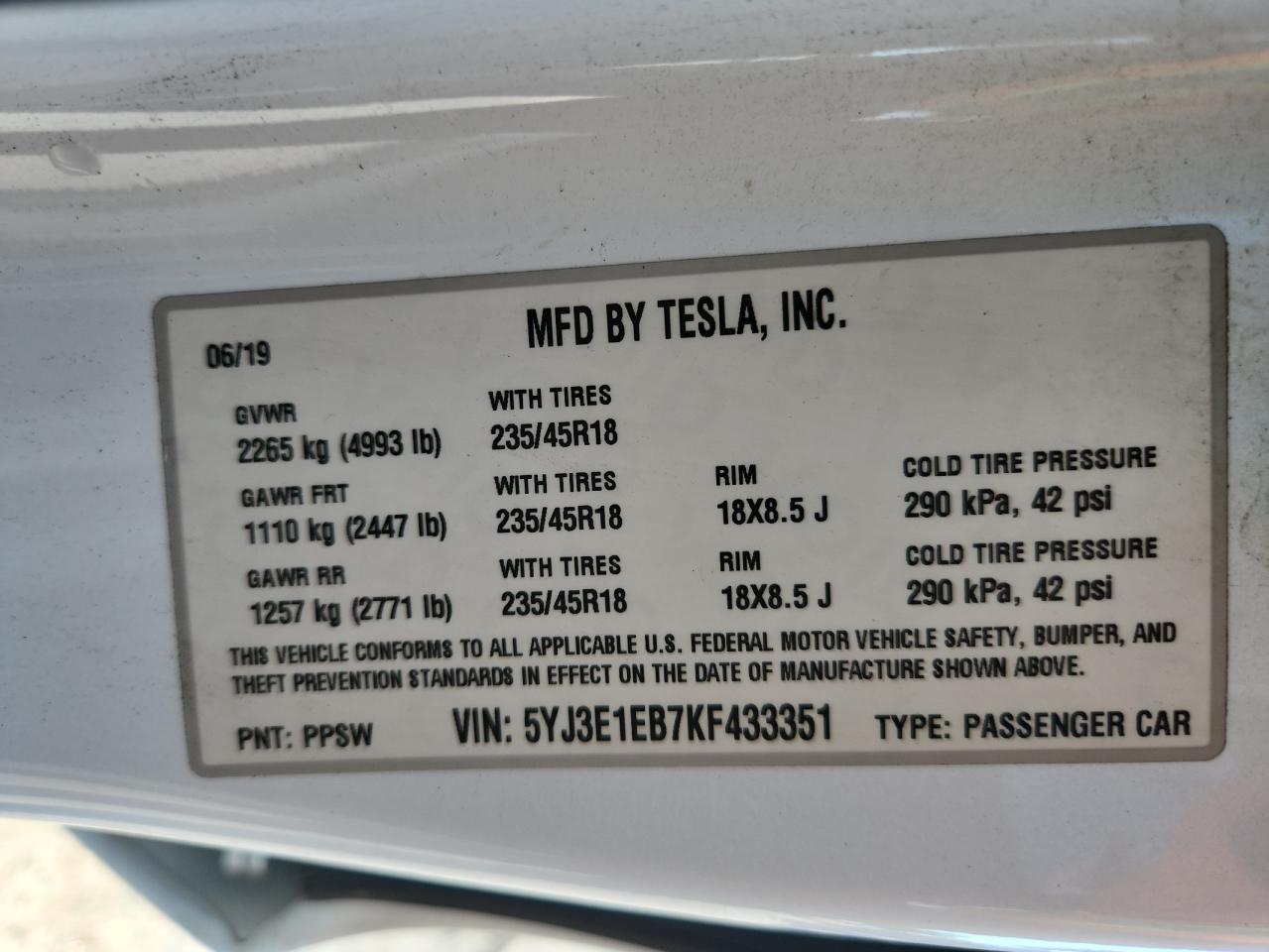 2019 Tesla Model 3 VIN: 5YJ3E1EB7KF433351 Lot: 80498865