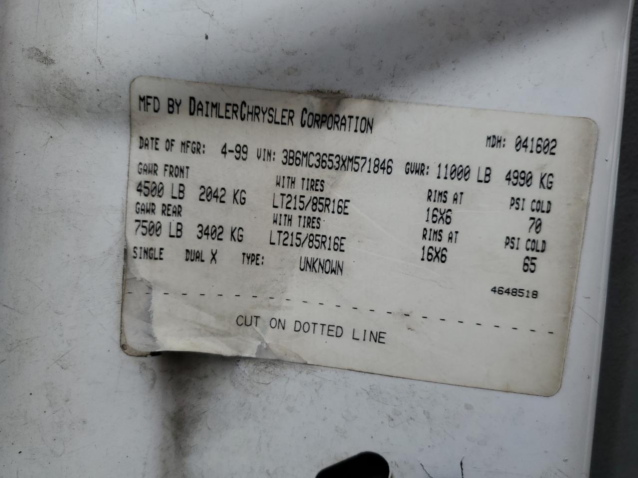 1999 Dodge Ram 3500 VIN: 3B6MC3653XM571846 Lot: 84243095