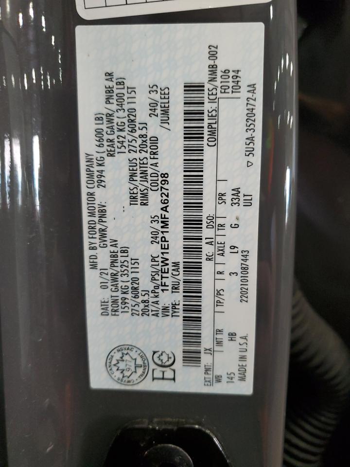 2021 Ford F150 Supercrew VIN: 1FTEW1EP1MFA62798 Lot: 71896675