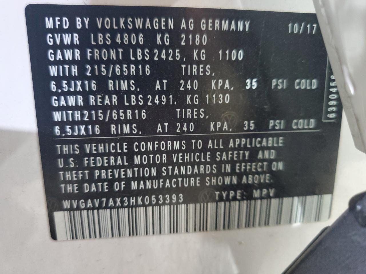 2017 Volkswagen Tiguan S VIN: WVGAV7AX3HK053393 Lot: 81577945