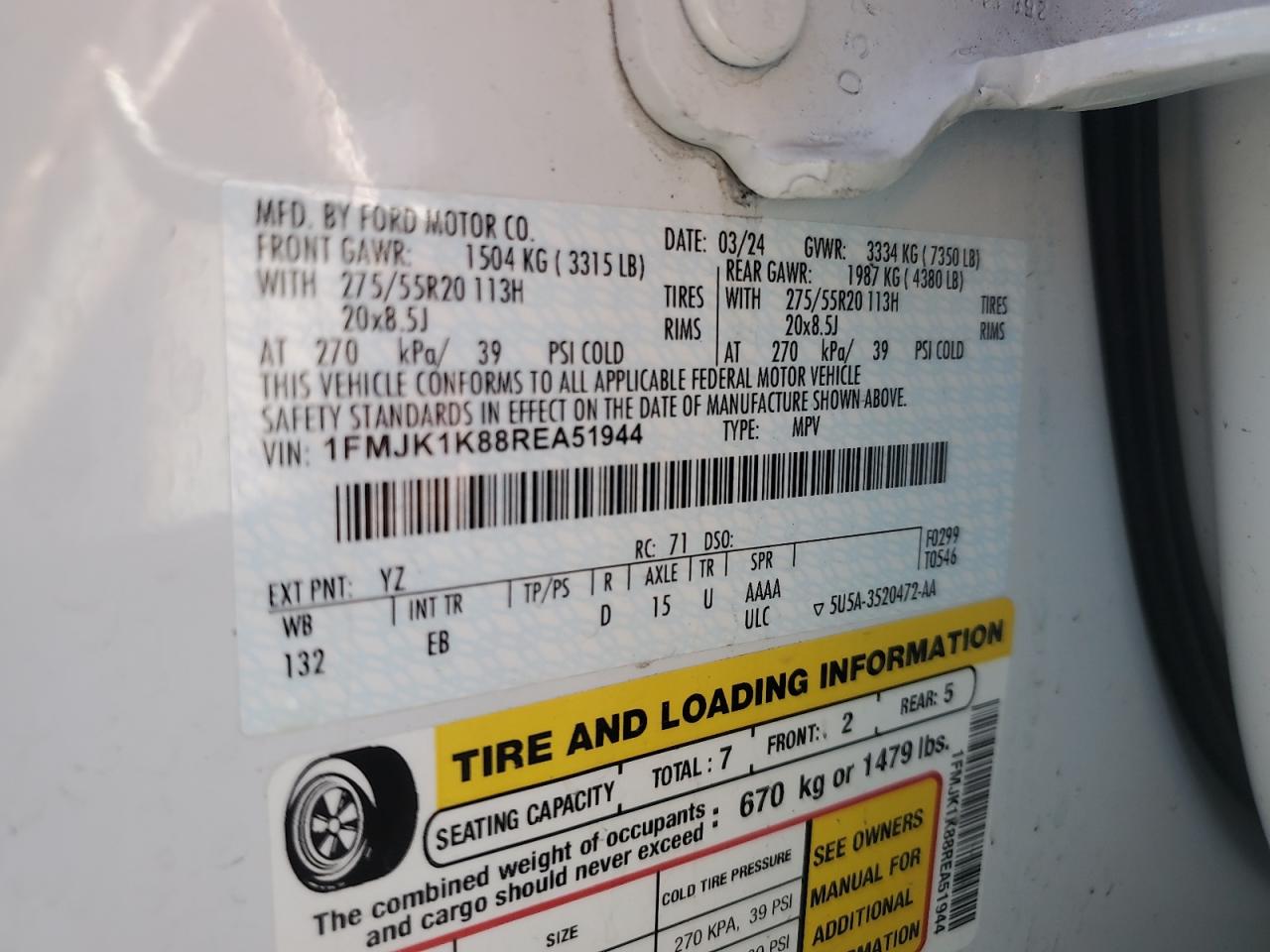 2024 Ford Expedition Max Limited VIN: 1FMJK1K88REA51944 Lot: 81041745