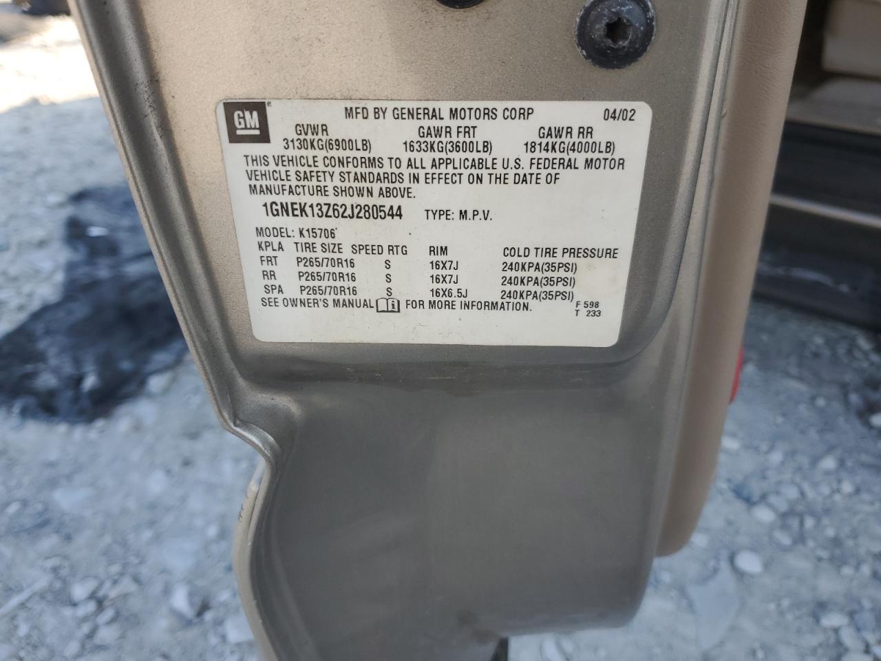 2002 Chevrolet Tahoe K1500 VIN: 1GNEK13Z62J280544 Lot: 81190225