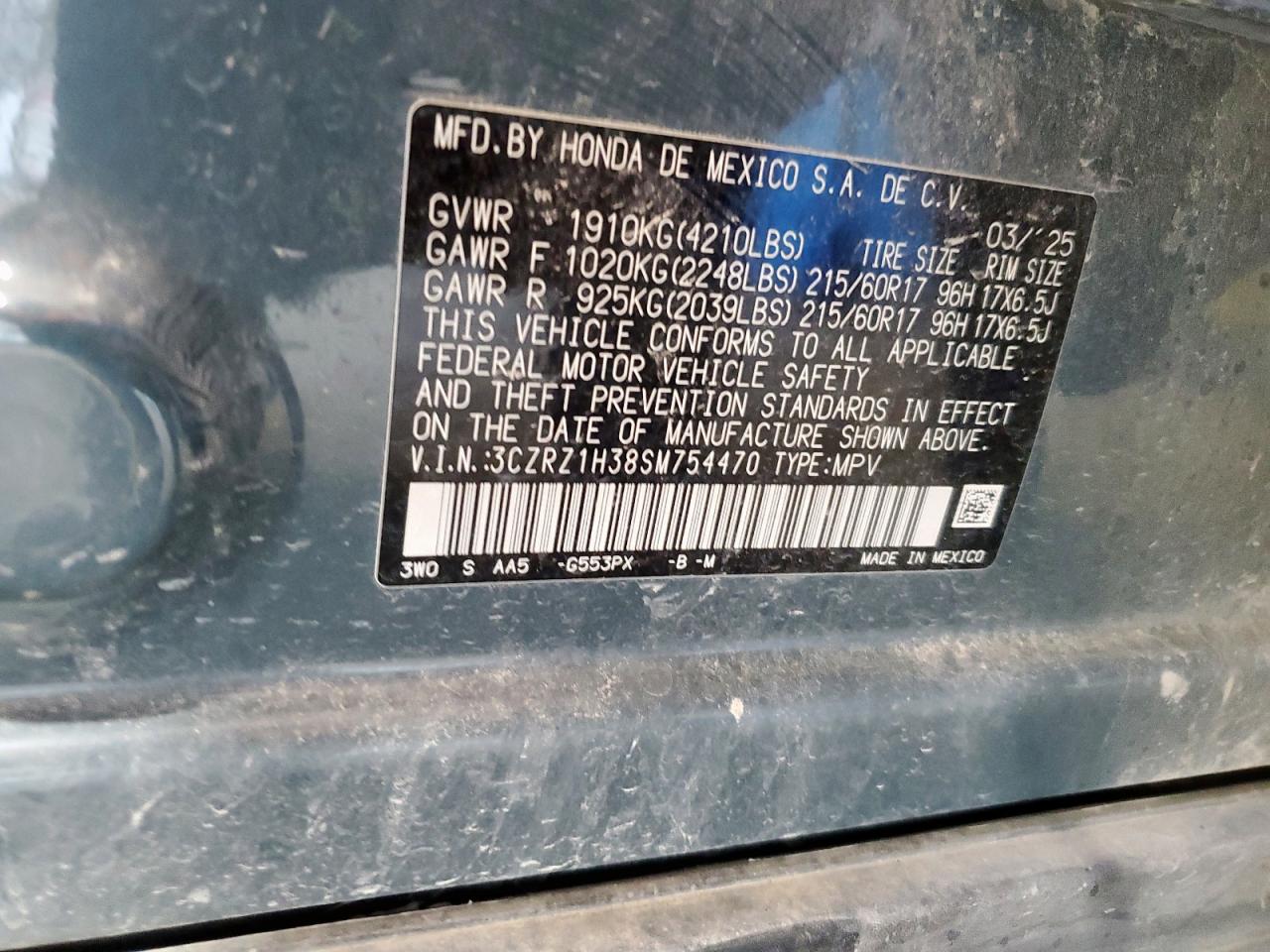 2025 Honda Hr-V Lx VIN: 3CZRZ1H38SM754470 Lot: 81069325