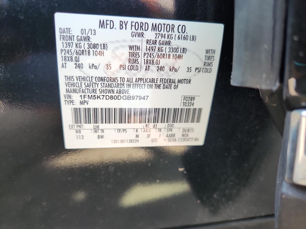 2013 Ford Explorer Xlt VIN: 1FM5K7D80DGB97947 Lot: 71115545