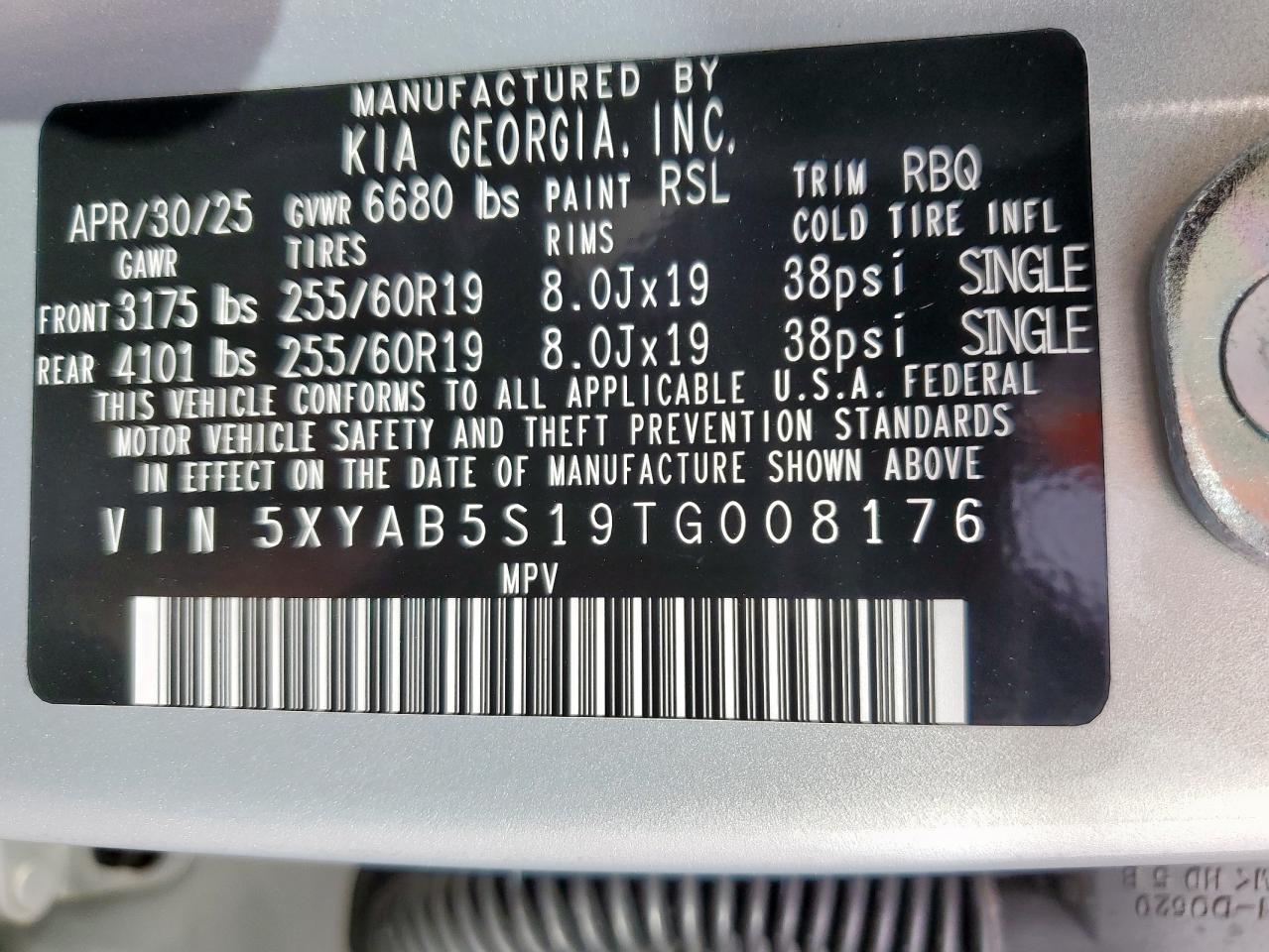 2026 Kia Ev9 Light VIN: 5XYAB5S19TG008176 Lot: 84198885