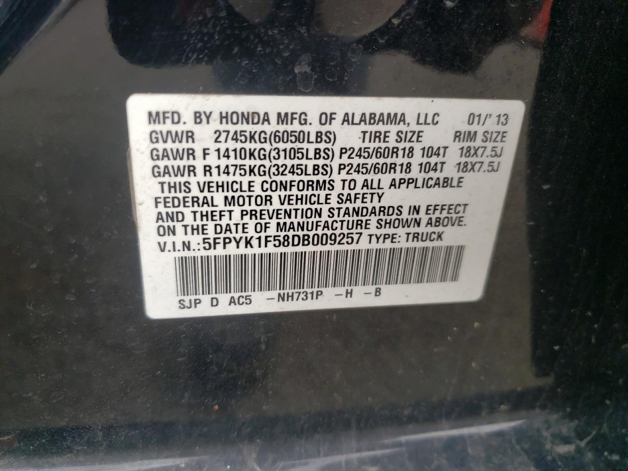 2013 Honda Ridgeline Rtl VIN: 5FPYK1F58DB009257 Lot: 83791245