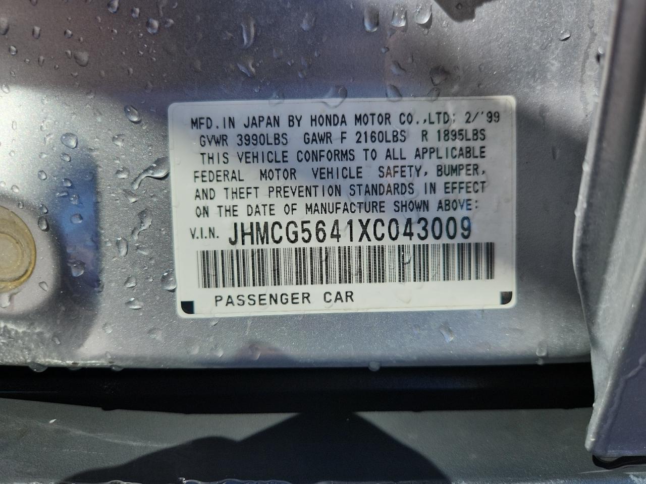 1999 Honda Accord Lx VIN: JHMCG5641XC043009 Lot: 82163955