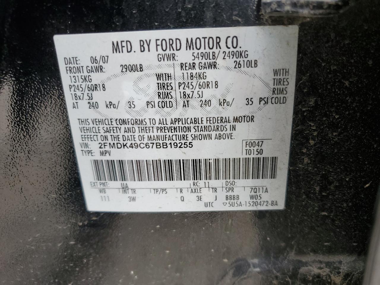 2007 Ford Edge Sel Plus VIN: 2FMDK49C67BB19255 Lot: 81593115