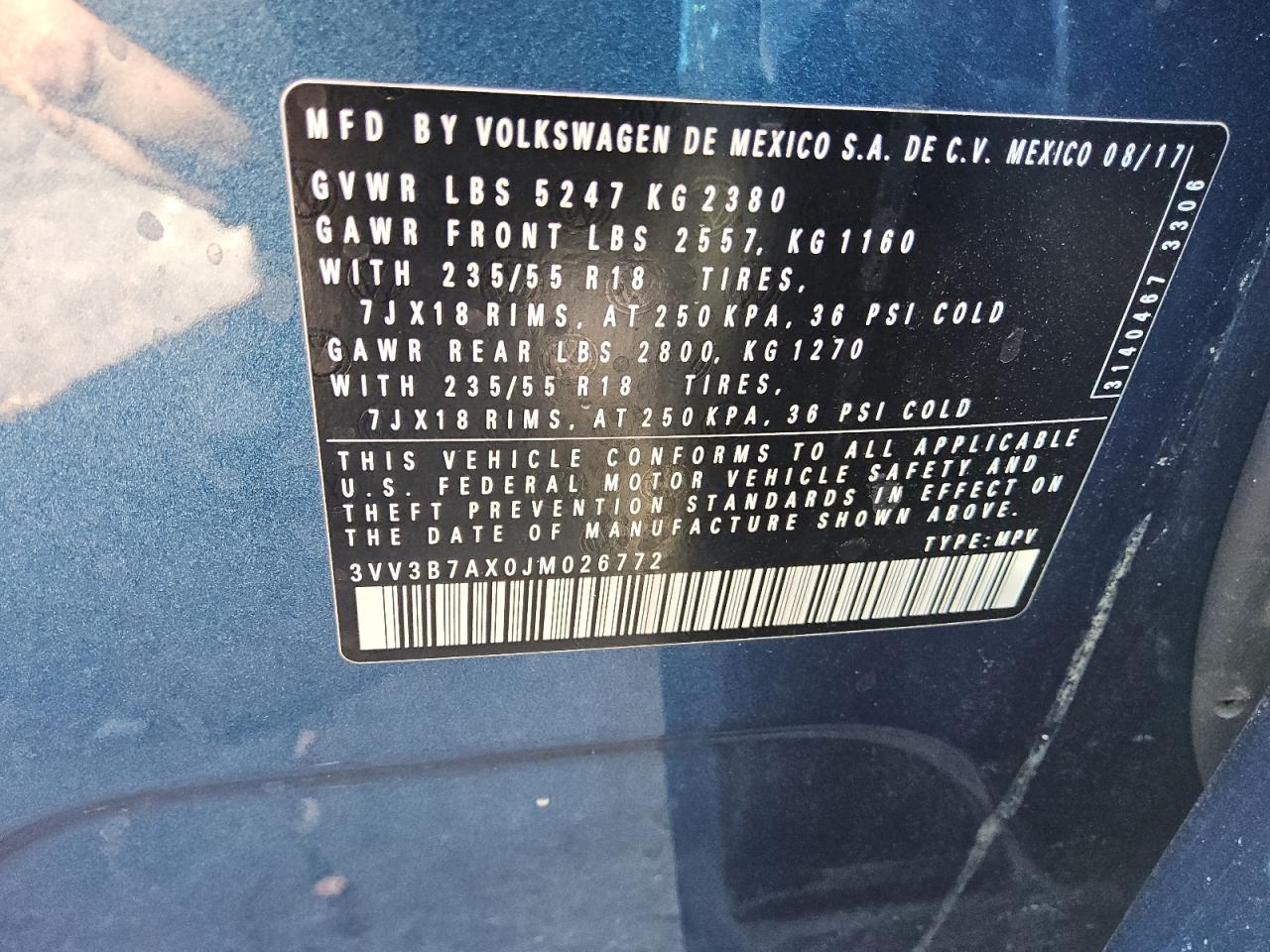 2018 Volkswagen Tiguan Se VIN: 3VV3B7AX0JM026772 Lot: 69507335