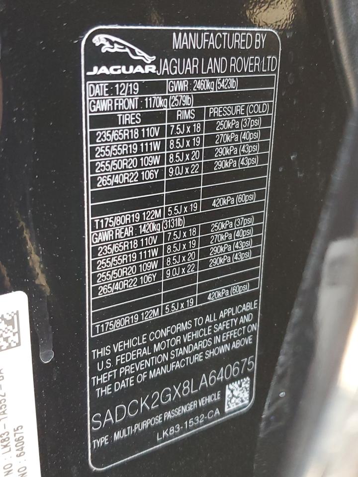 2020 Jaguar F-Pace Prestige VIN: SADCK2GX8LA640675 Lot: 80760505