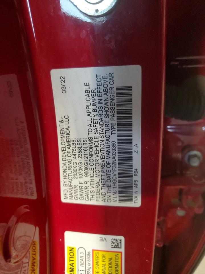 2022 Honda Accord Sport VIN: 1HGCV1F32NA039360 Lot: 84192045