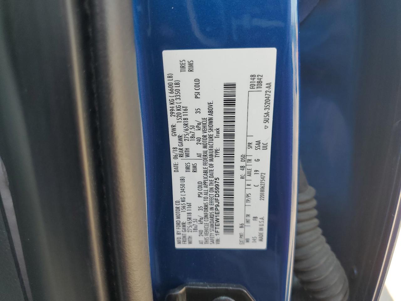 2018 Ford F150 Supercrew VIN: 1FTEW1EP9JFD59975 Lot: 80620095