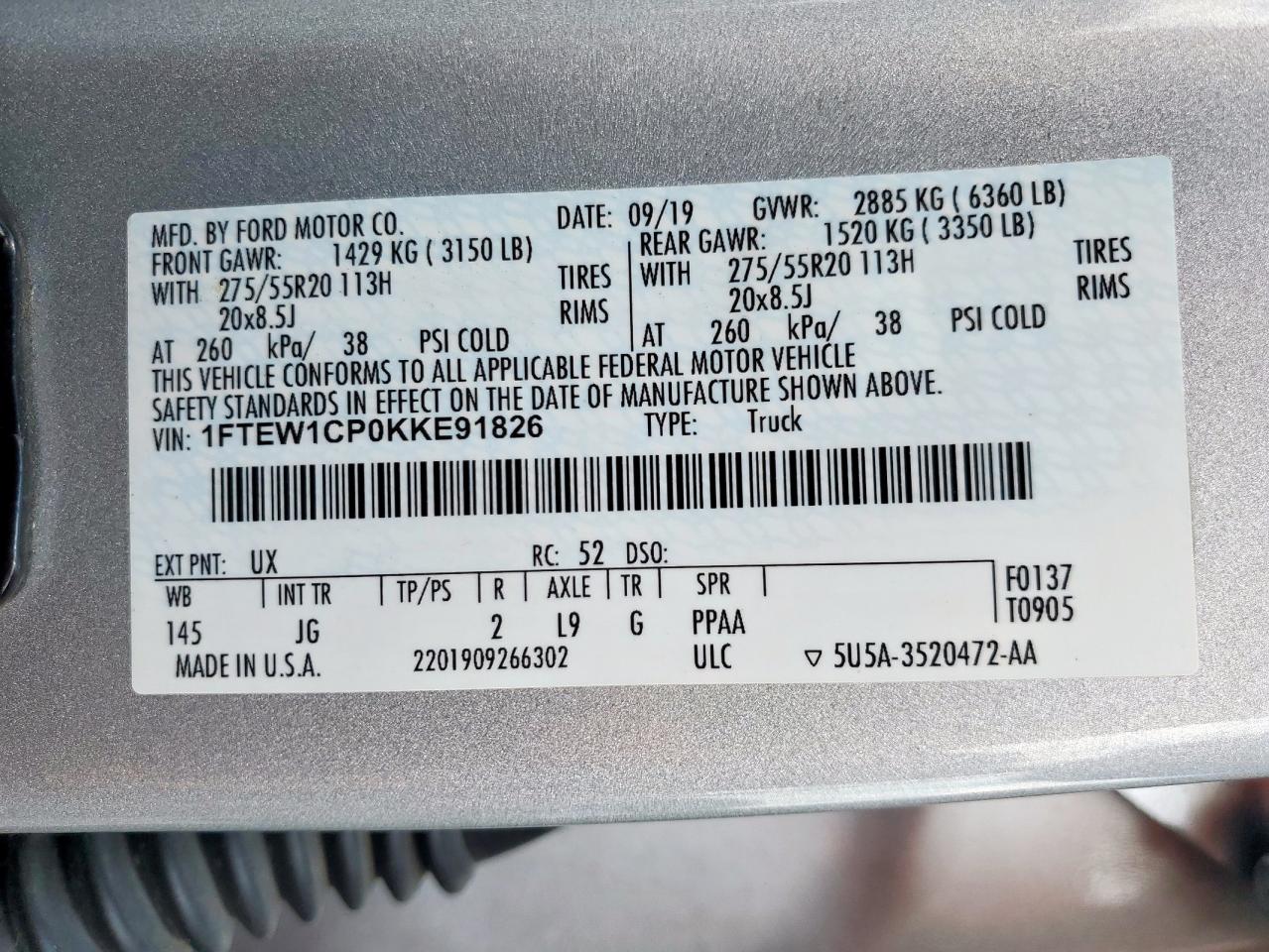 2019 Ford F150 Supercrew VIN: 1FTEW1CP0KKE91826 Lot: 80837795
