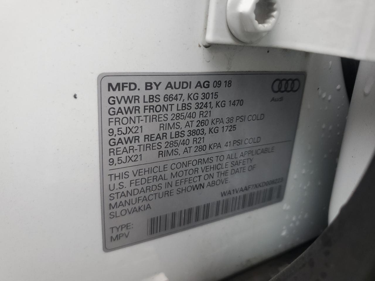 2019 Audi Q7 Prestige VIN: WA1VAAF7XKD008223 Lot: 84005525