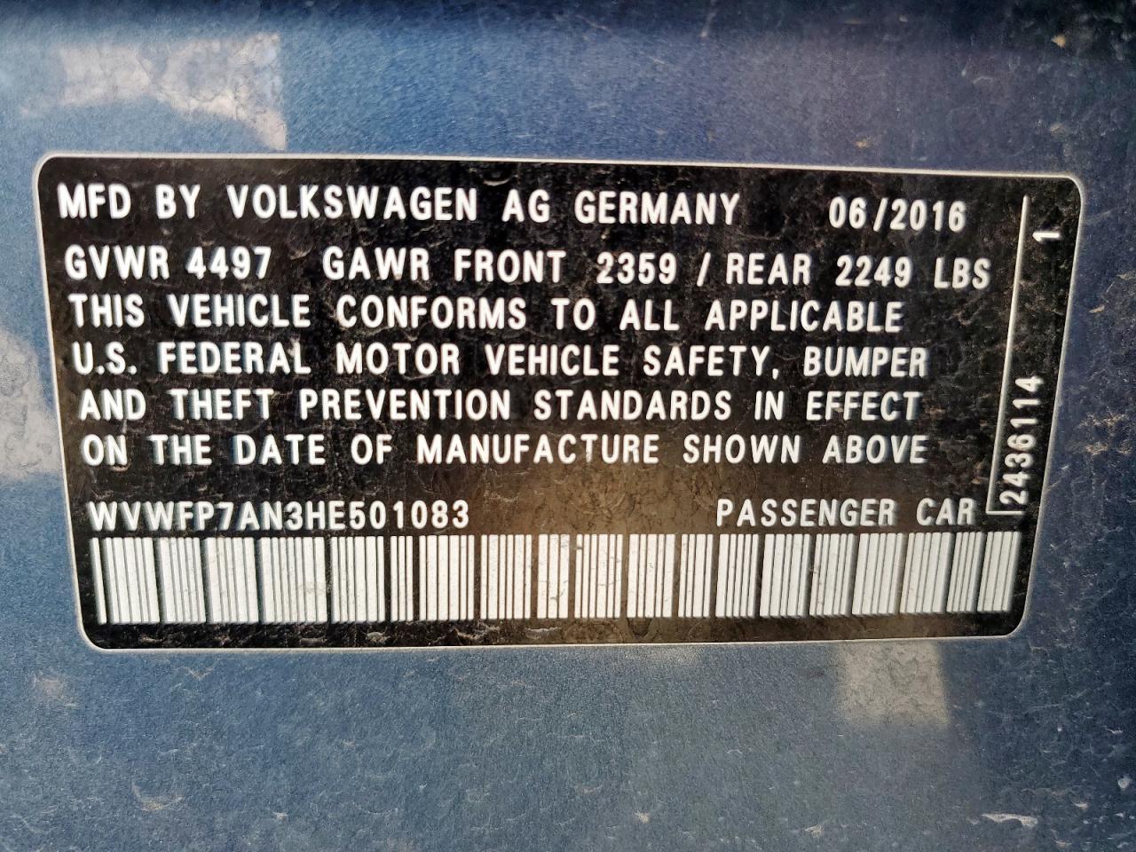 2017 Volkswagen Cc R-Line VIN: WVWFP7AN3HE501083 Lot: 84373215