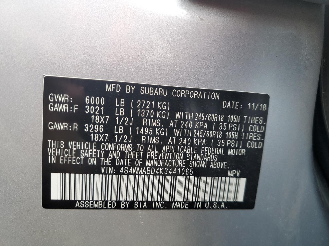 2019 Subaru Ascent Premium VIN: 4S4WMABD4K3441065 Lot: 80135845
