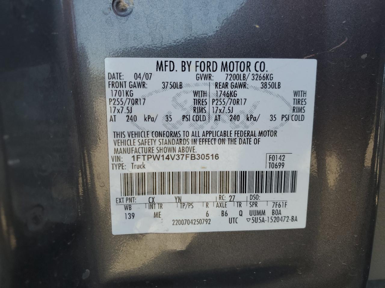 2007 Ford F150 Supercrew VIN: 1FTPW14V37FB30516 Lot: 84769075