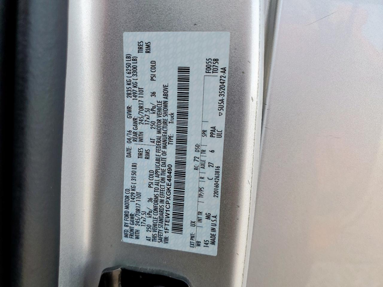 2016 Ford F150 Supercrew VIN: 1FTEW1CPXGKE48490 Lot: 81653855