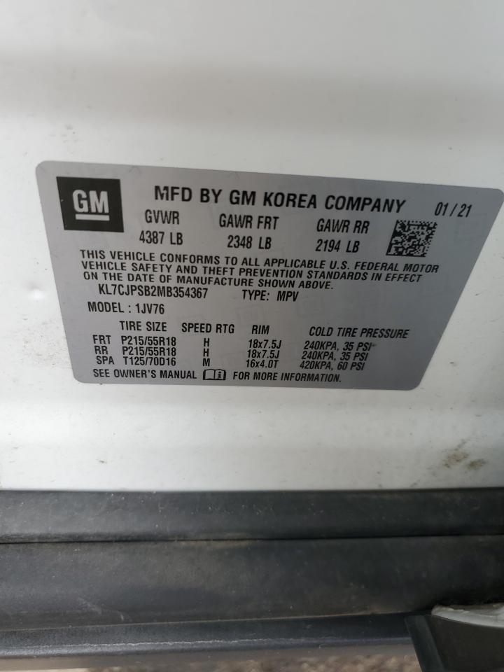 2021 Chevrolet Trax 1Lt VIN: KL7CJPSB2MB354367 Lot: 80995485