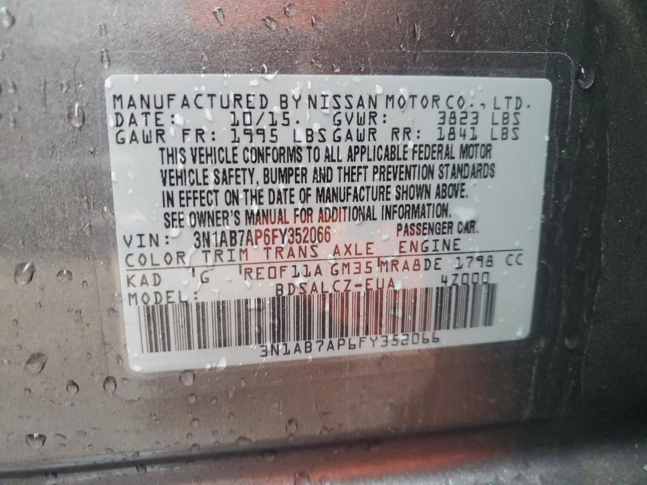 2015 Nissan Sentra S VIN: 3N1AB7AP6FY352066 Lot: 80132525