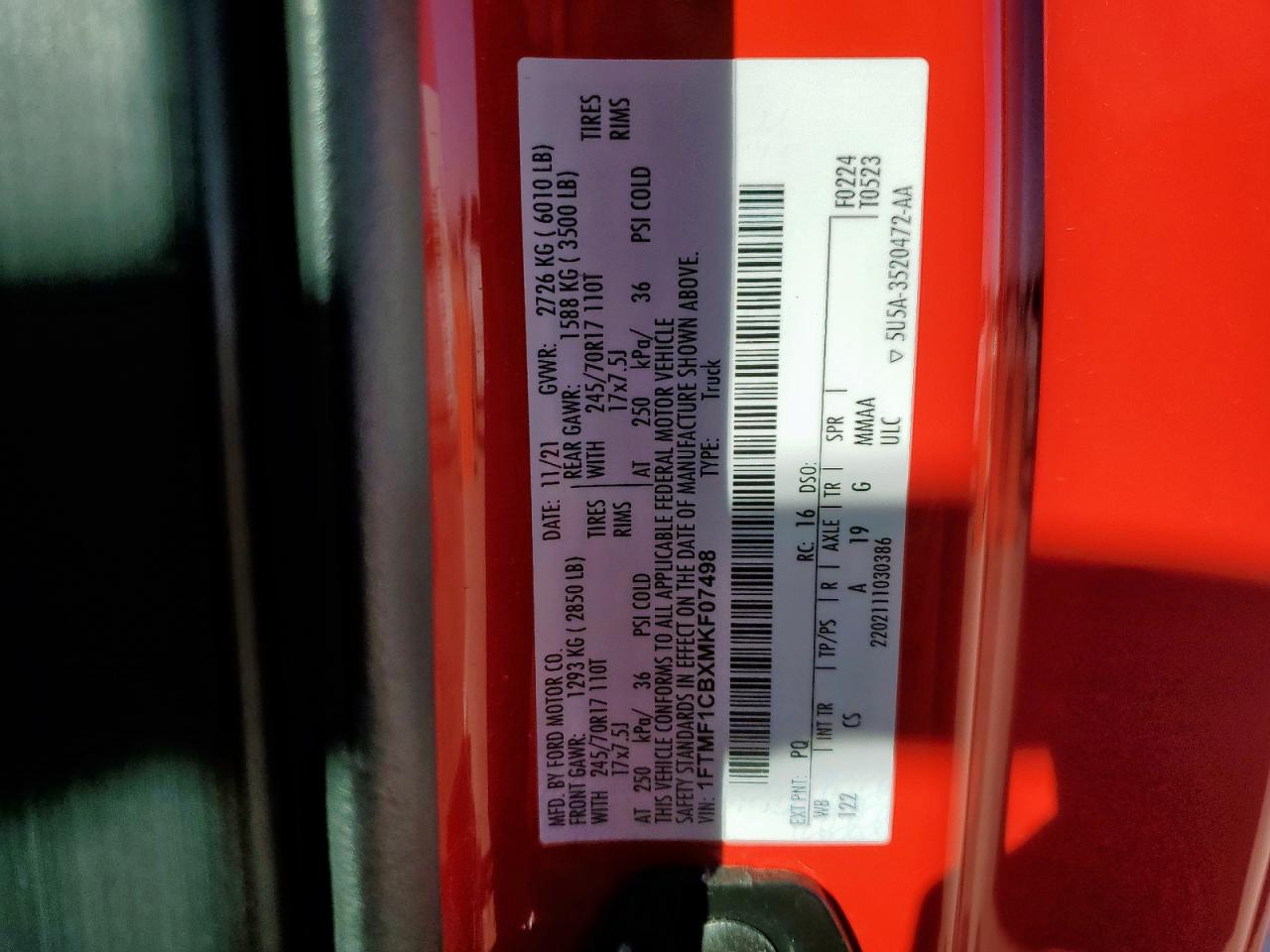 2021 Ford F150 VIN: 1FTMF1CBXMKF07498 Lot: 81394055