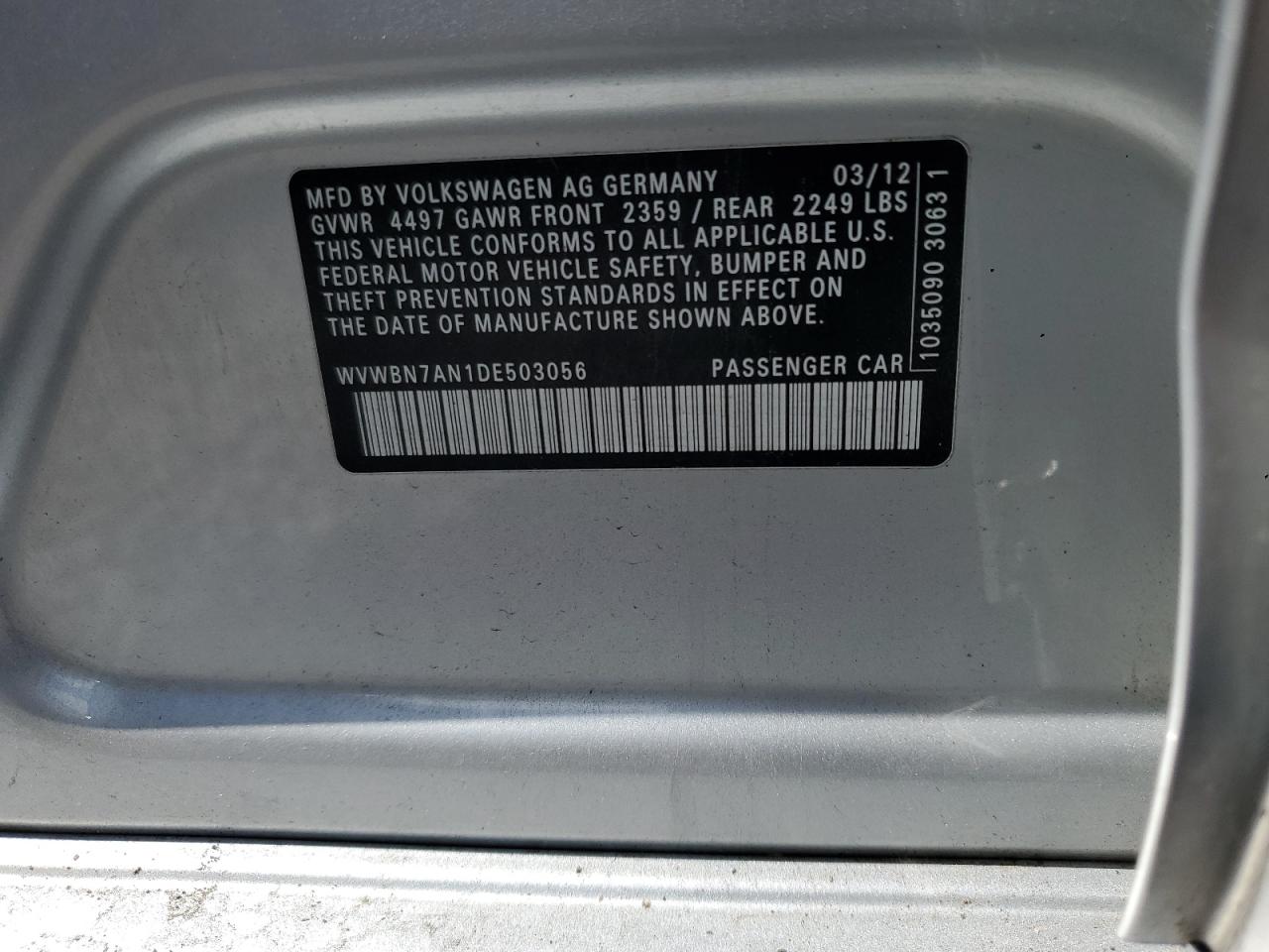 2013 Volkswagen Cc Sport VIN: WVWBN7AN1DE503056 Lot: 82030315