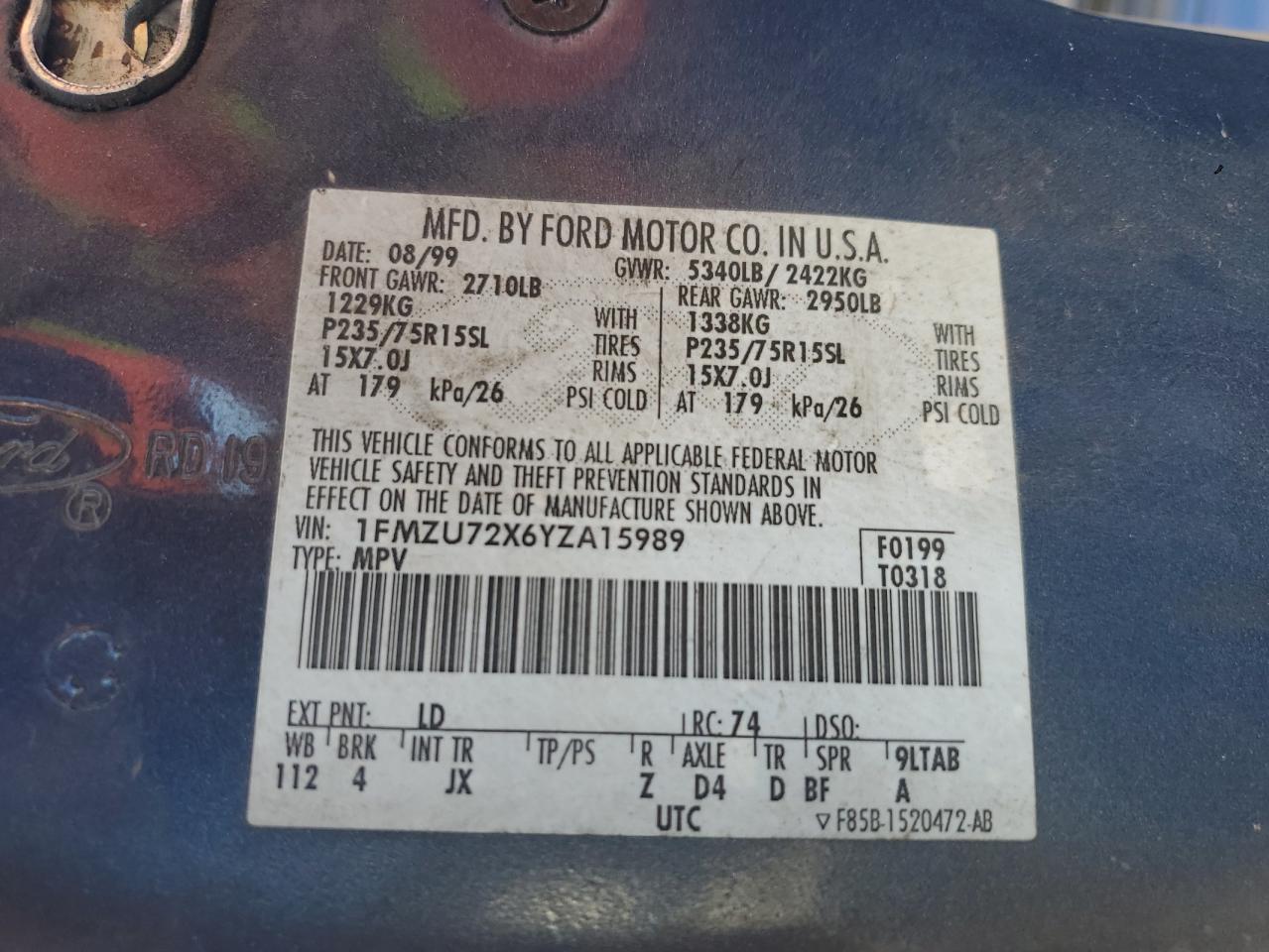 2000 Ford Explorer Xls VIN: 1FMZU72X6YZA15989 Lot: 81274445