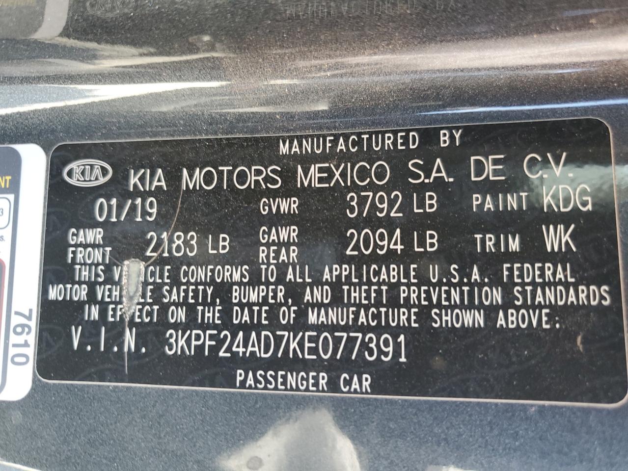 2019 Kia Forte Fe VIN: 3KPF24AD7KE077391 Lot: 80652835