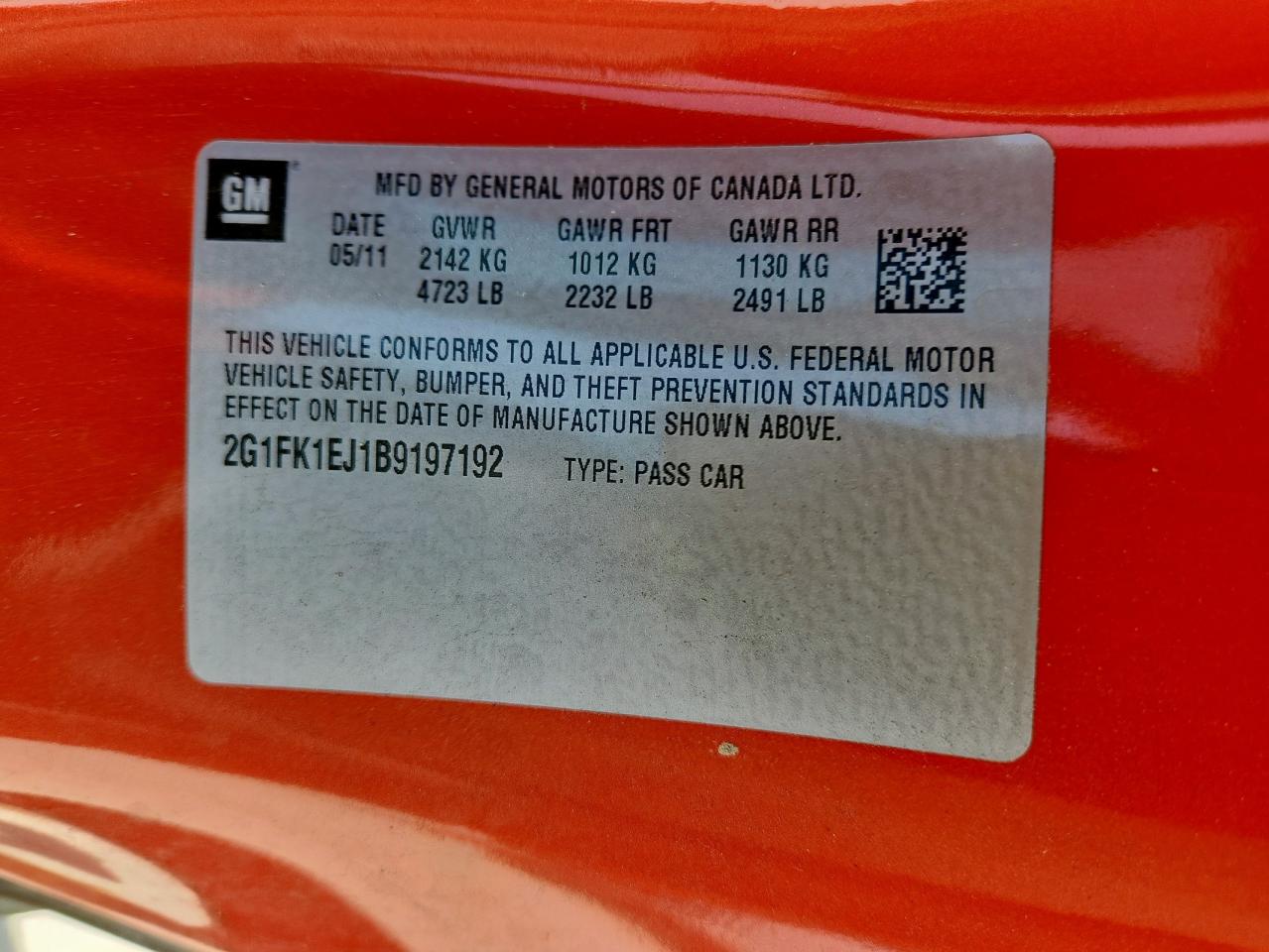 2011 Chevrolet Camaro 2Ss VIN: 2G1FK1EJ1B9197192 Lot: 71460115