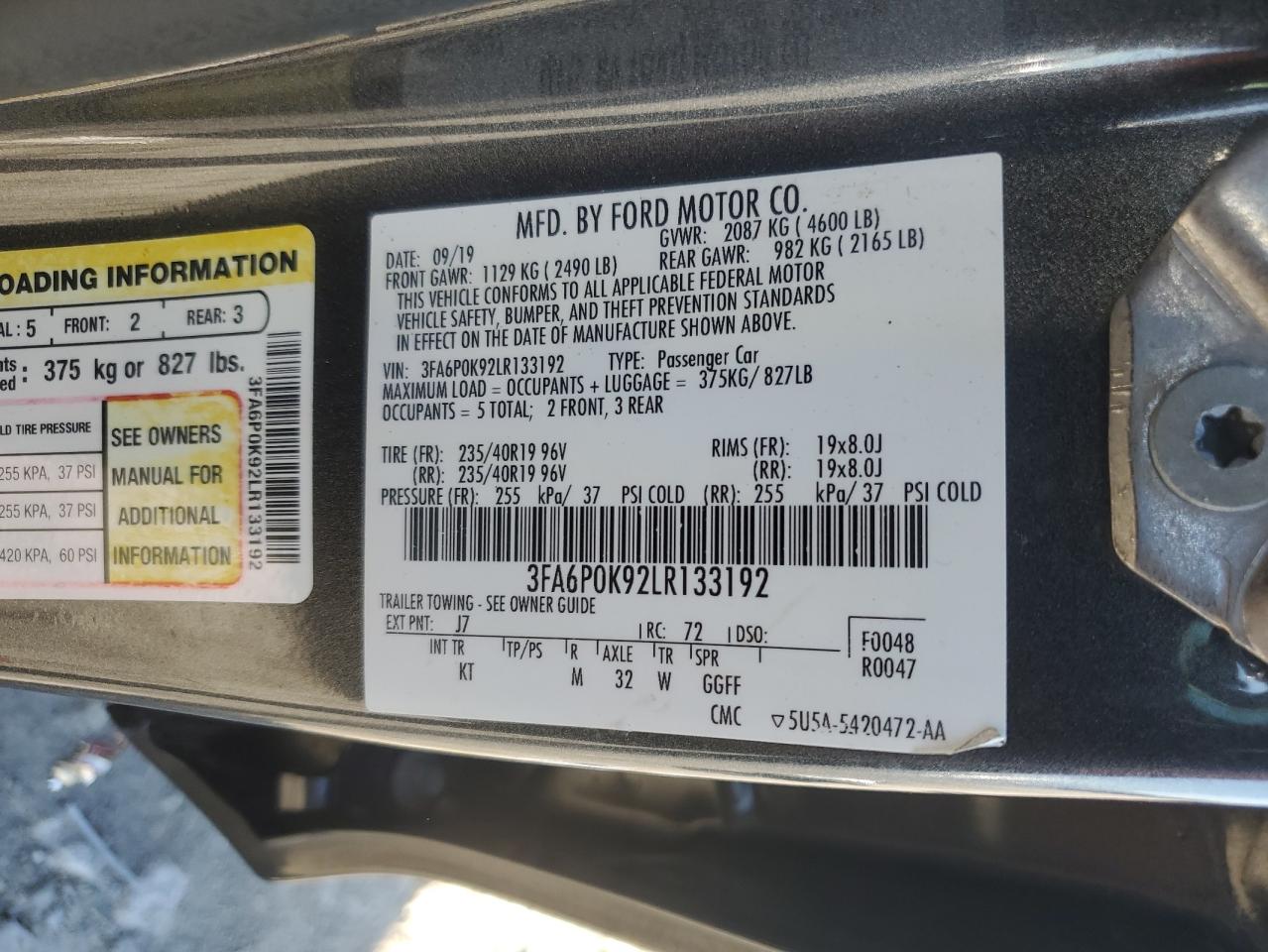 2020 Ford Fusion Titanium VIN: 3FA6P0K92LR133192 Lot: 83949985