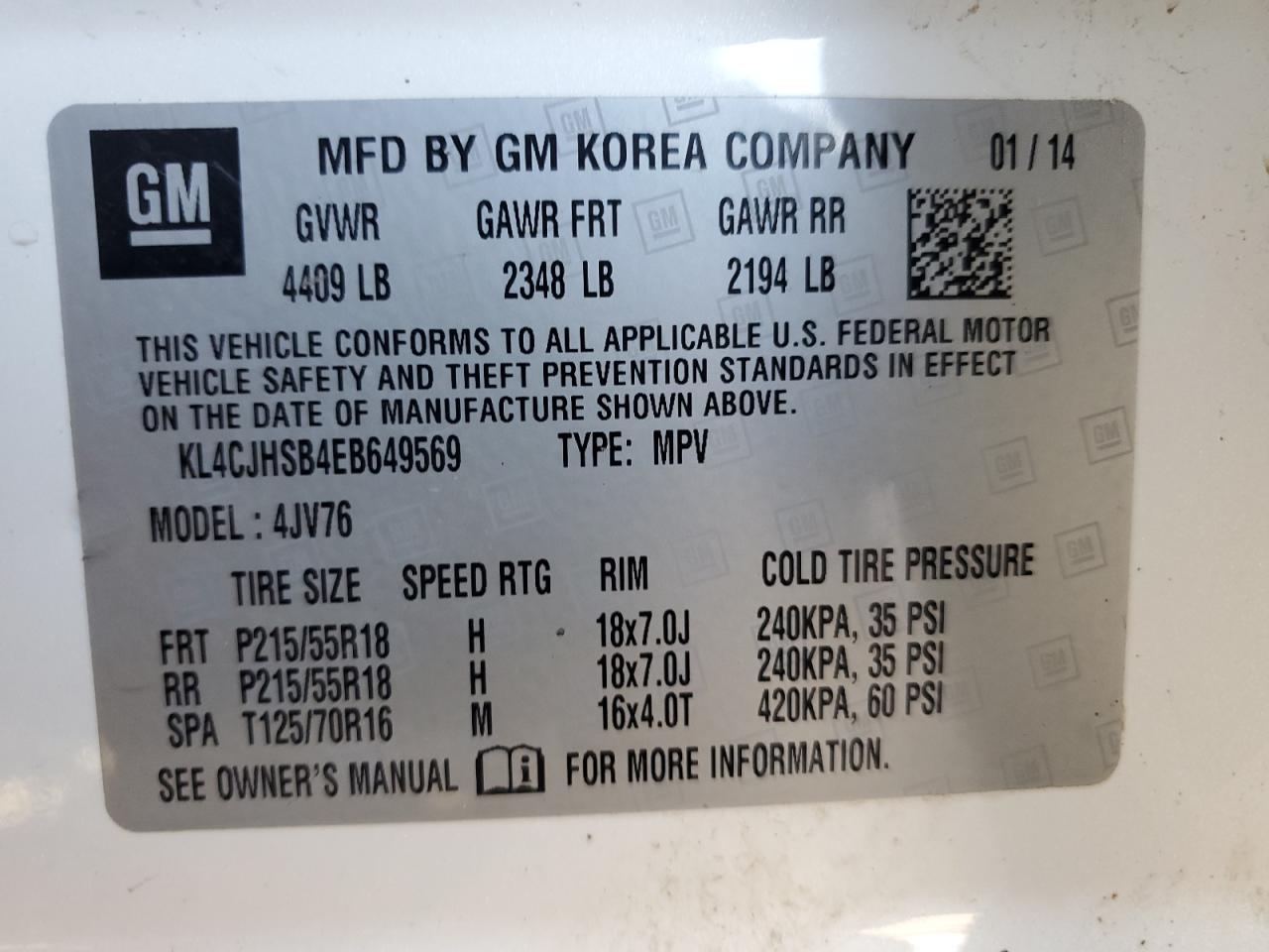 2014 Buick Encore Premium VIN: KL4CJHSB4EB649569 Lot: 71554395