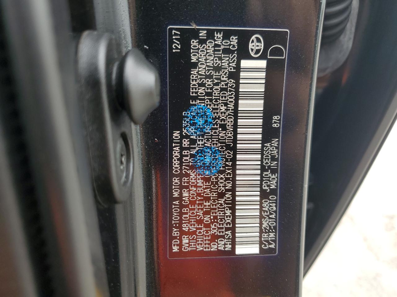 2017 Toyota Mirai VIN: JTDBVRBD7HA003739 Lot: 71885645