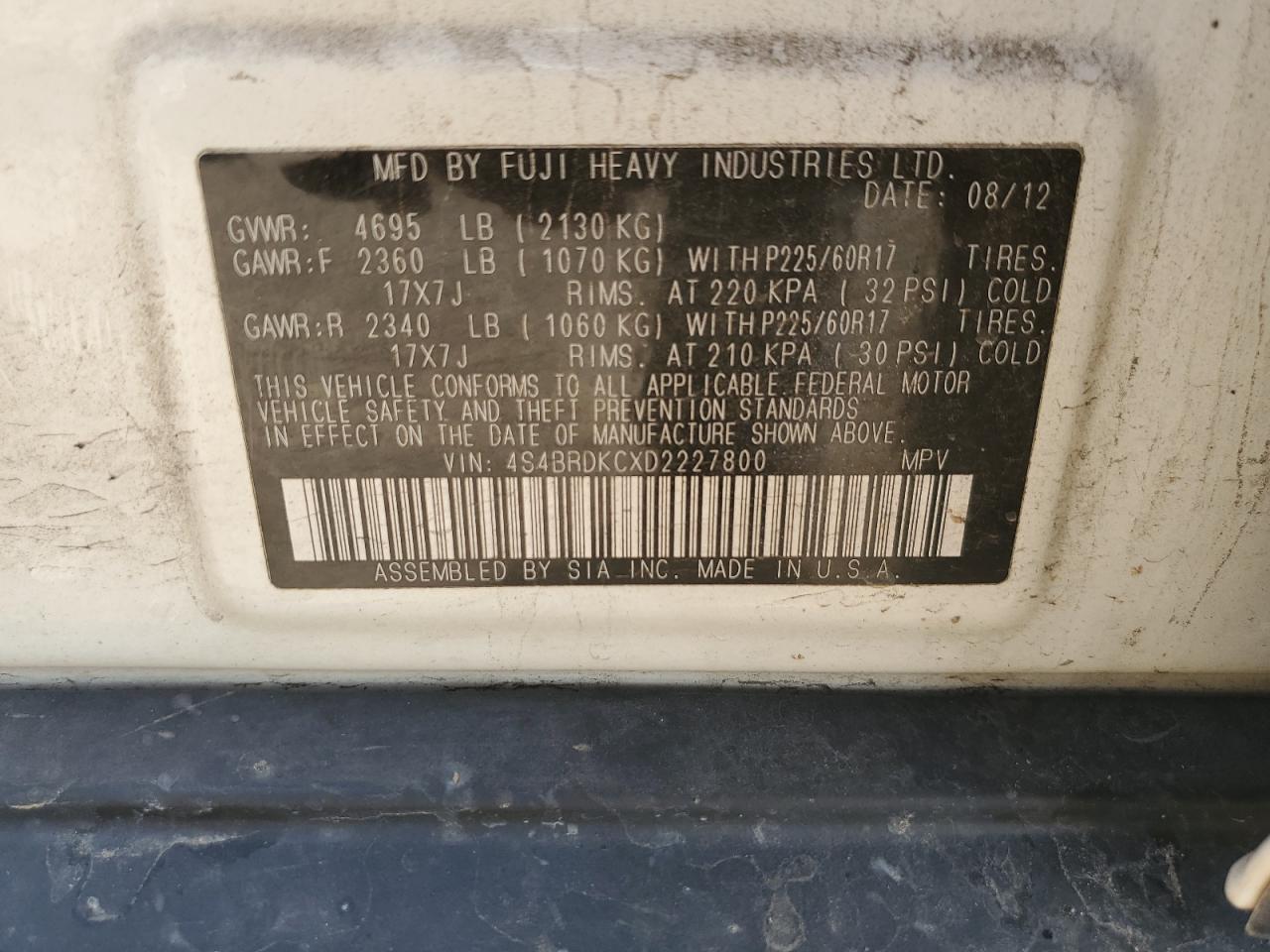 2013 Subaru Outback 3.6R Limited VIN: 4S4BRDKCXD2227800 Lot: 81341855