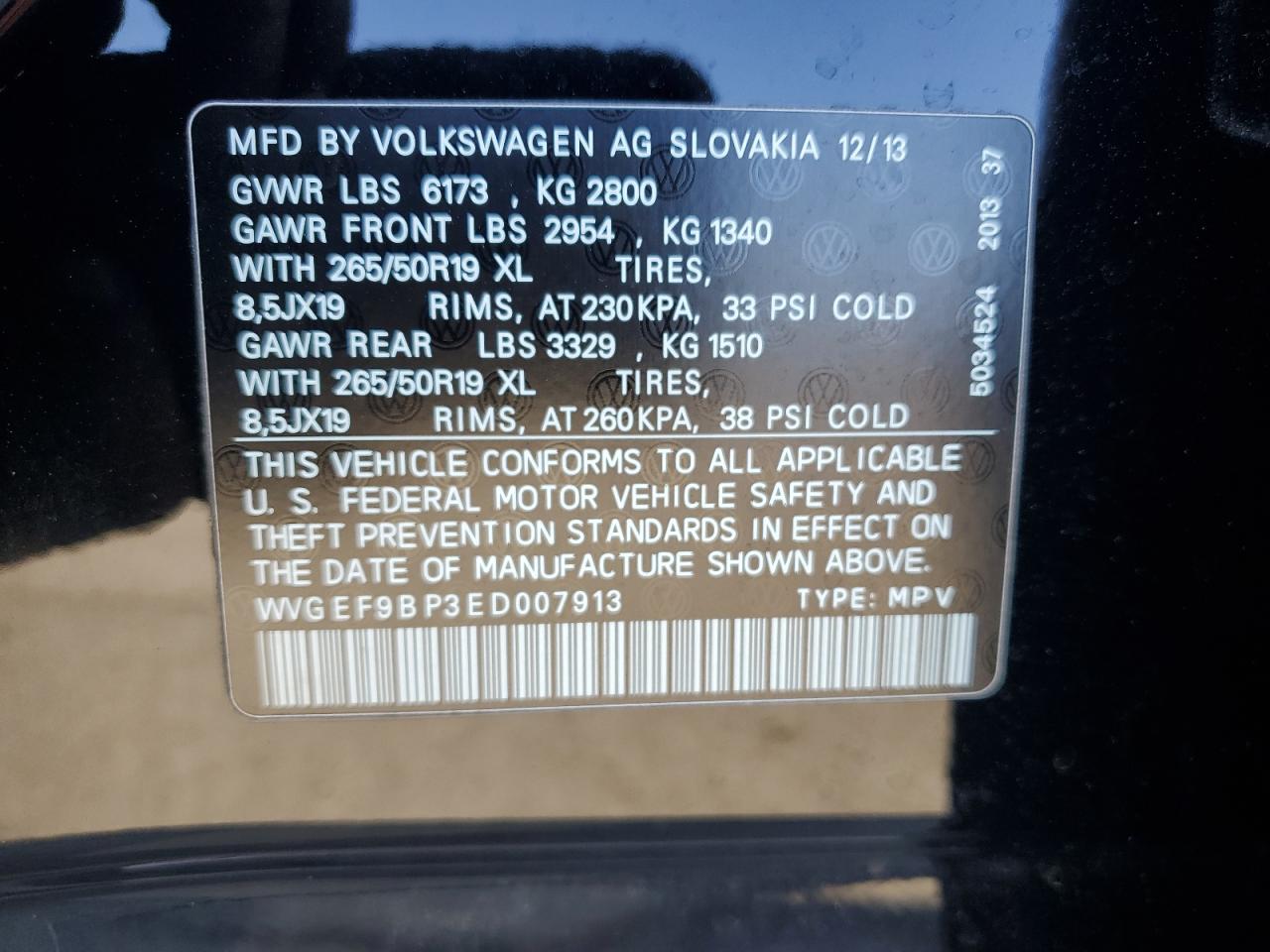 2014 Volkswagen Touareg V6 VIN: WVGEF9BP3ED007913 Lot: 83877985