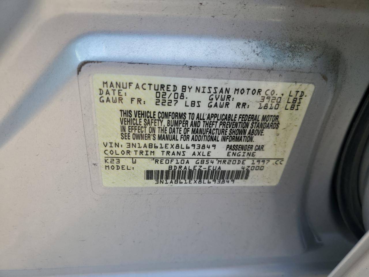 2008 Nissan Sentra 2.0 VIN: 3N1AB61EX8L693849 Lot: 71542535