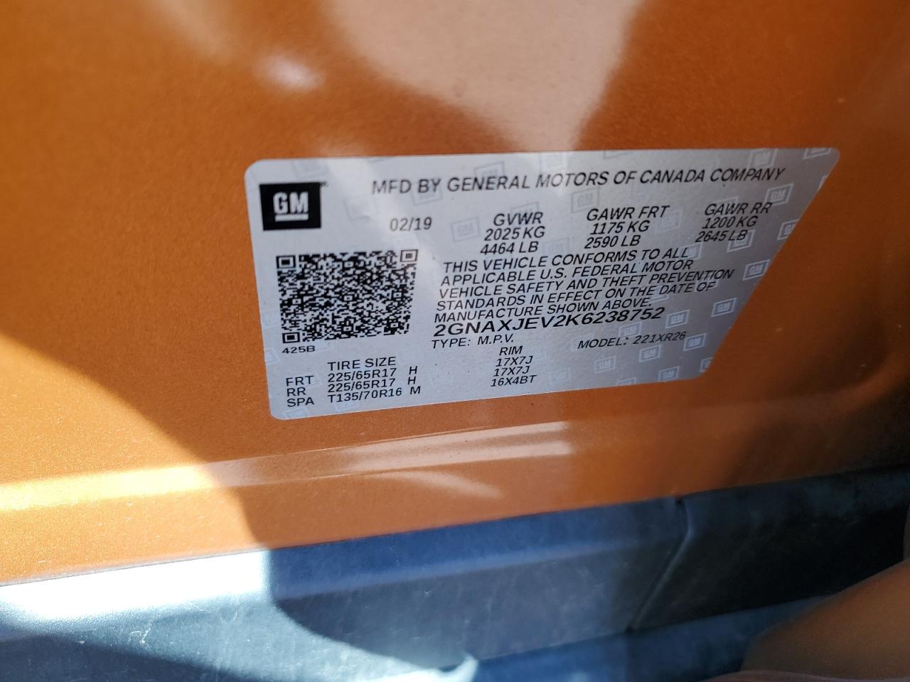 2019 Chevrolet Equinox Lt VIN: 2GNAXJEV2K6238752 Lot: 81012785