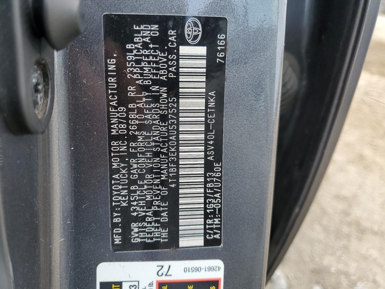 2010 Toyota Camry Base VIN: 4T1BF3EK0AU537525 Lot: 71188095