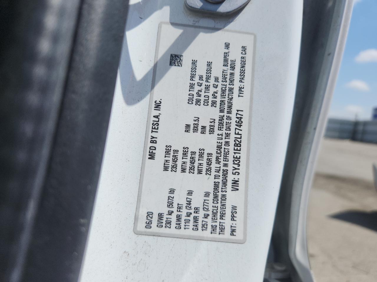 2020 Tesla Model 3 VIN: 5YJ3E1EB2LF746471 Lot: 71740575