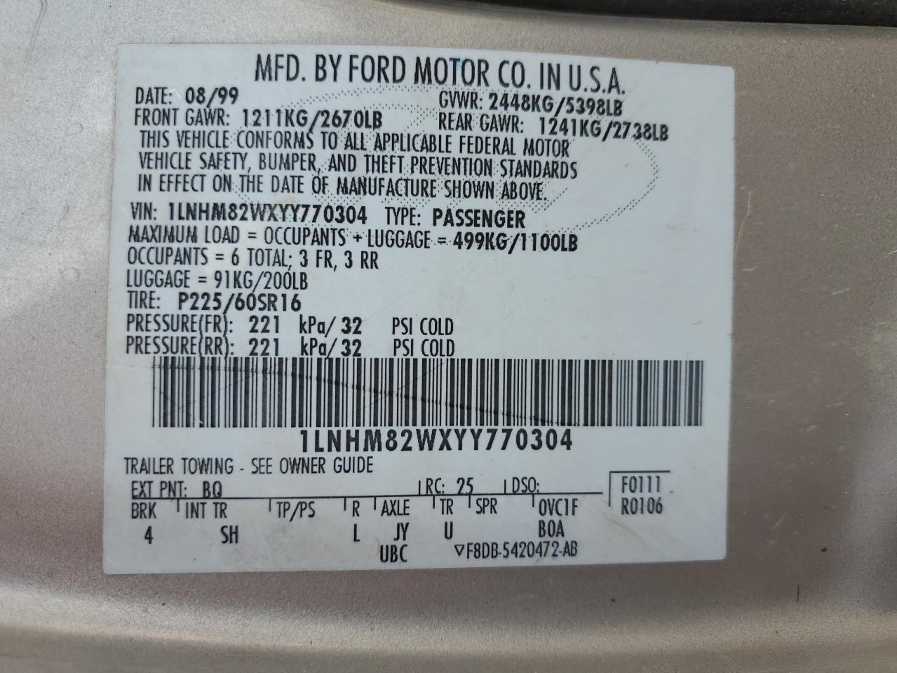 2000 Lincoln Town Car Signature VIN: 1LNHM82WXYY770304 Lot: 80826725