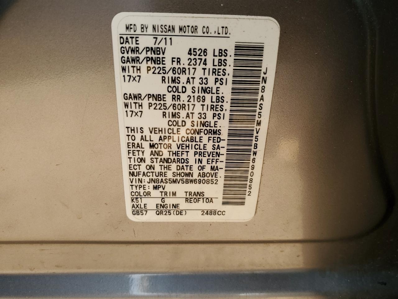 2011 Nissan Rogue S VIN: JN8AS5MV5BW690852 Lot: 81248325