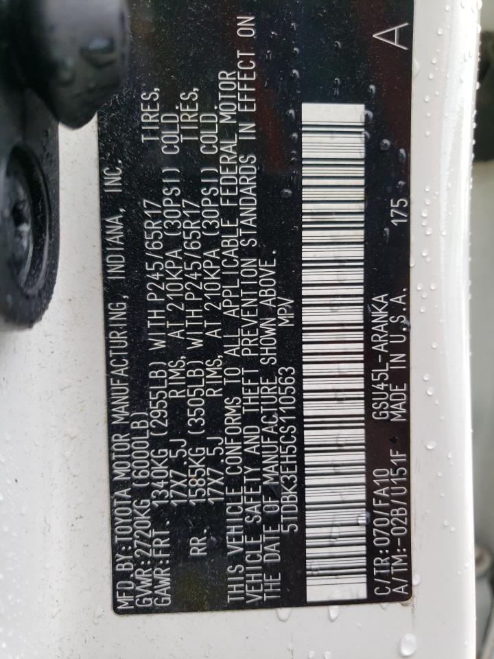 2012 Toyota Highlander Base VIN: 5TDBK3EH5CS110563 Lot: 80119675