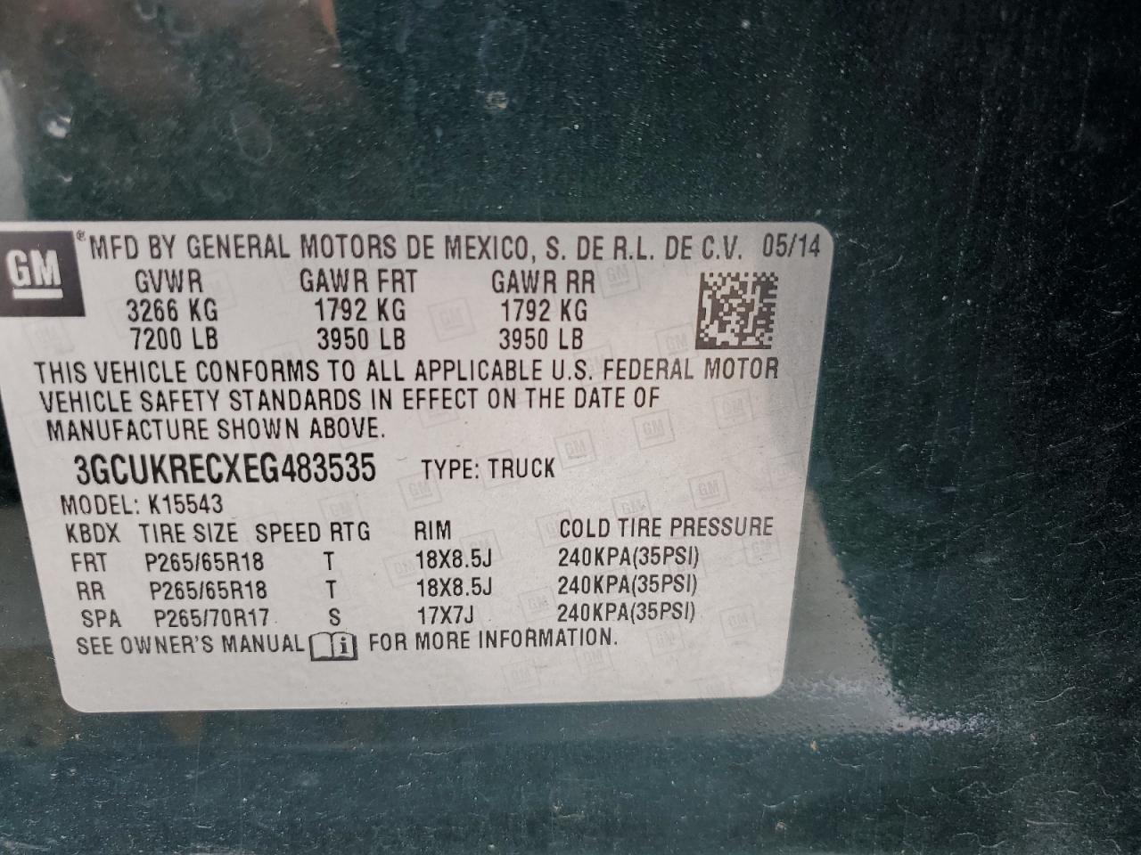 2014 Chevrolet Silverado K1500 Lt VIN: 3GCUKRECXEG483535 Lot: 71041305