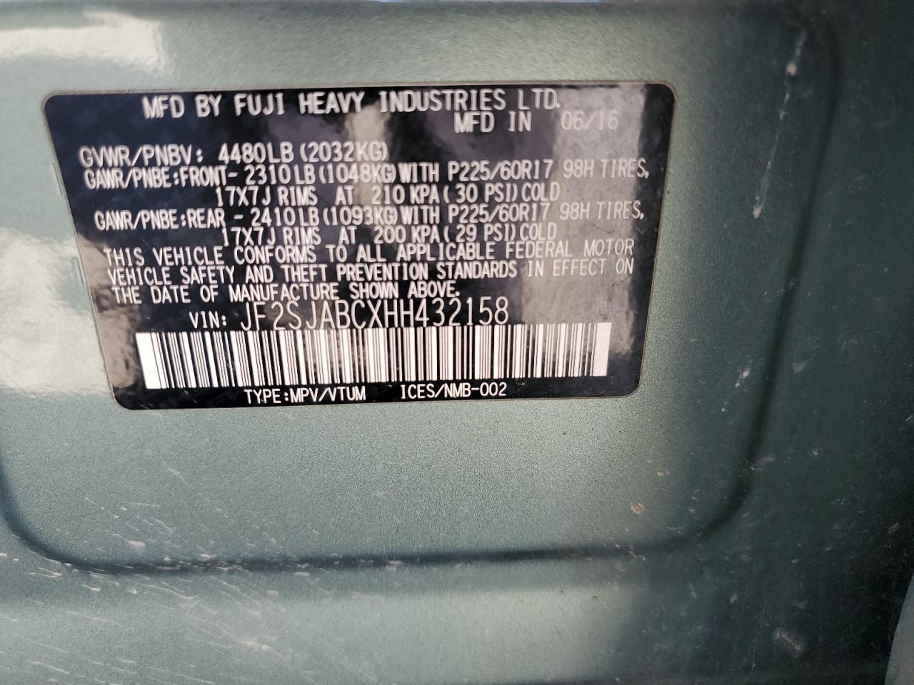 2017 Subaru Forester VIN: JF2SJABCXHH432158 Lot: 80488035