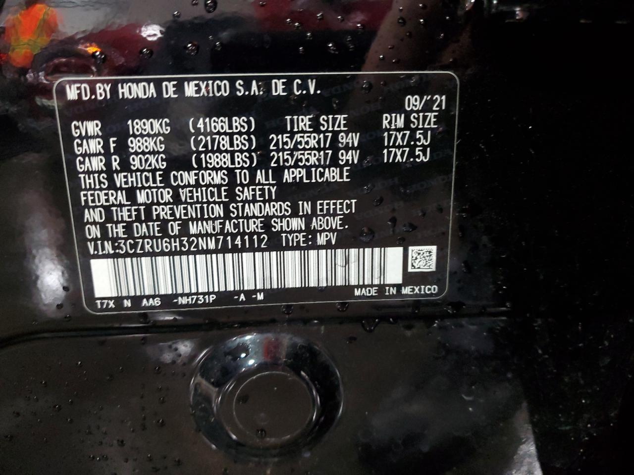 2022 Honda Hr-V Lx VIN: 3CZRU6H32NM714112 Lot: 80718685