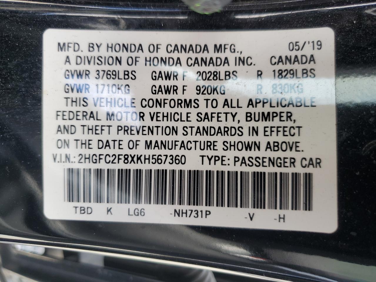 2019 Honda Civic Sport VIN: 2HGFC2F8XKH567360 Lot: 83830715