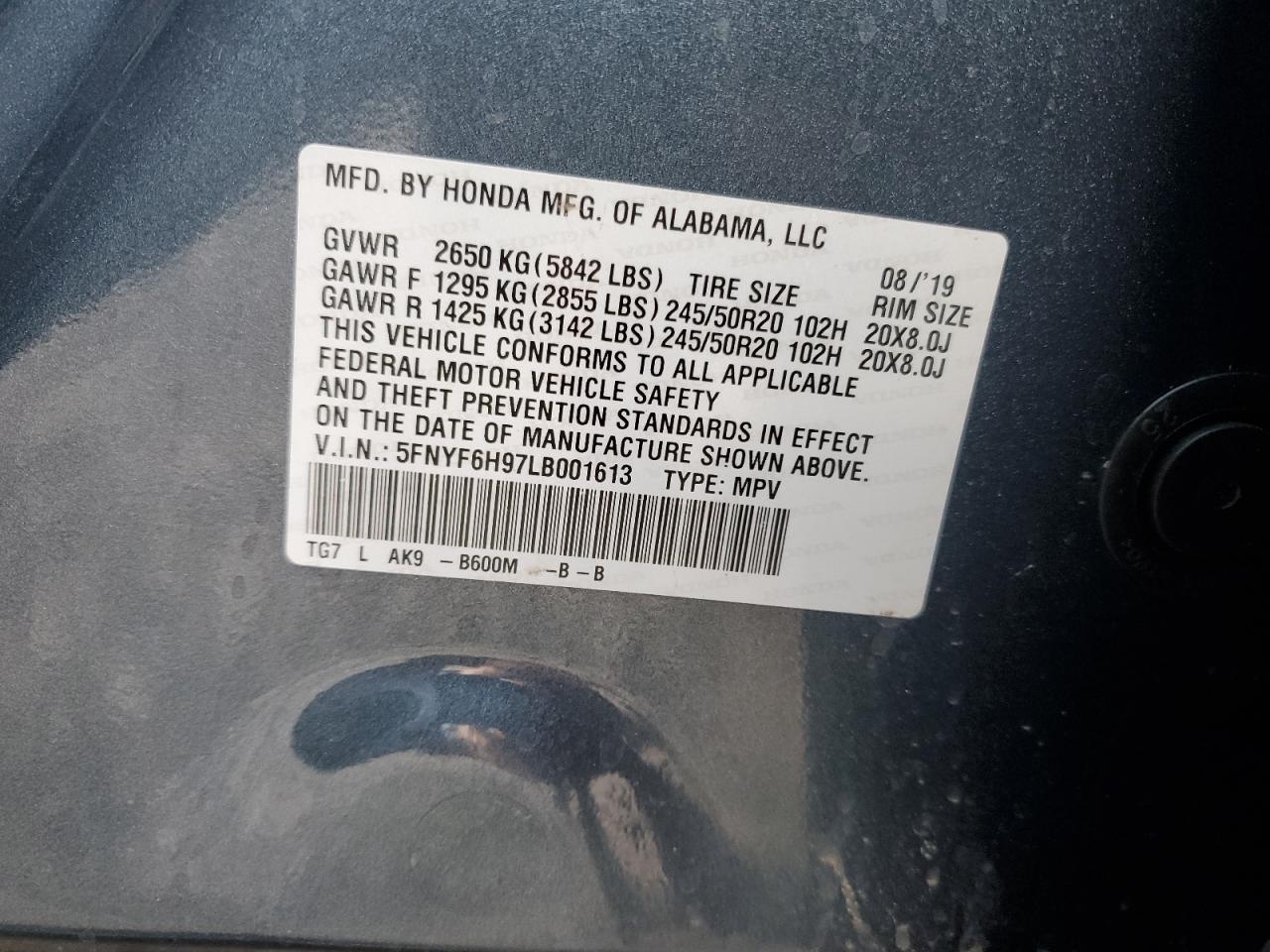 2020 Honda Pilot Touring VIN: 5FNYF6H97LB001613 Lot: 72004285