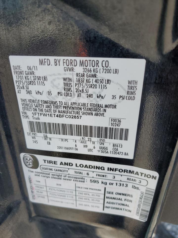 2011 Ford F150 Supercrew VIN: 1FTFW1ET4BFC02857 Lot: 71869985