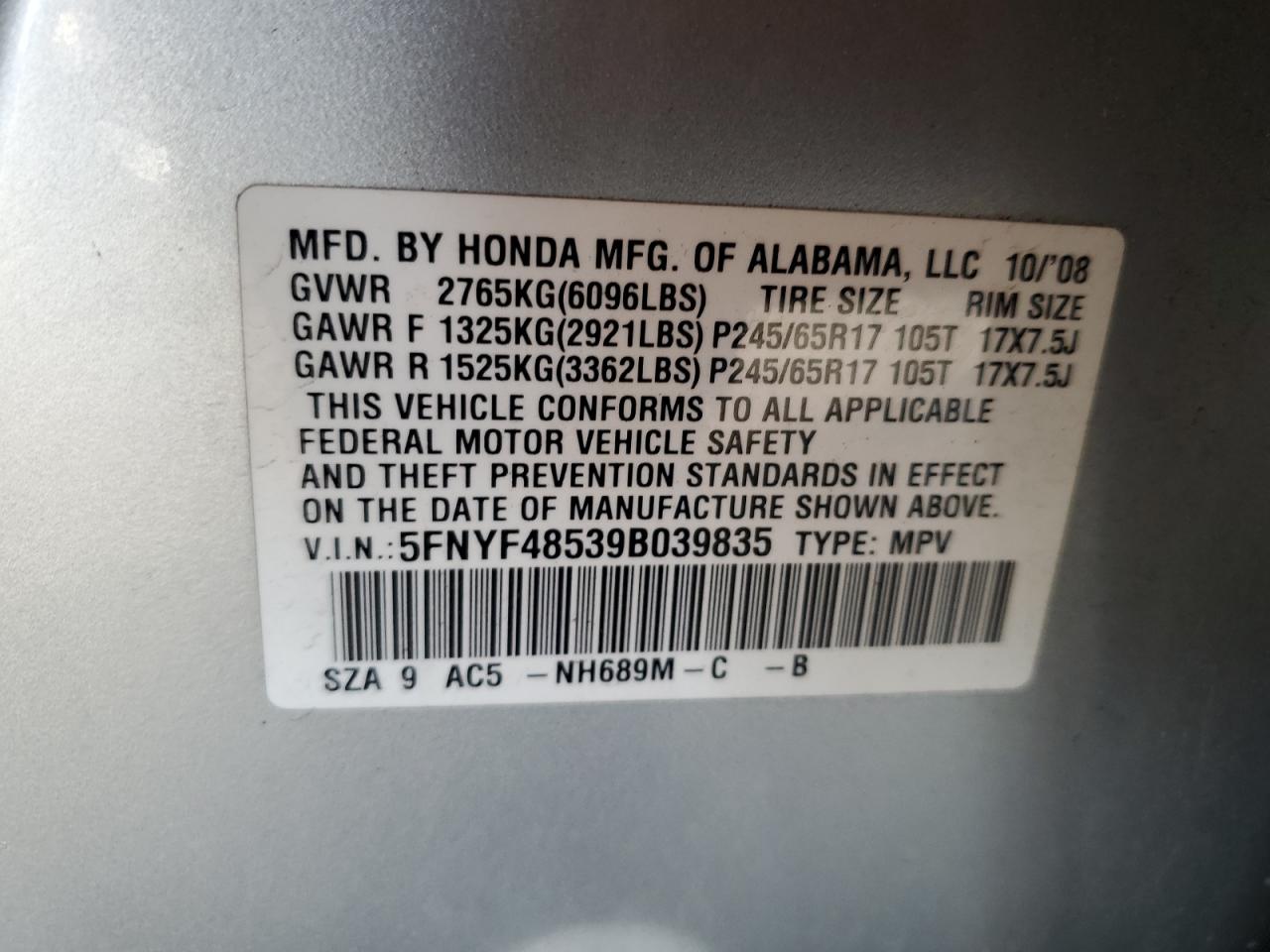 2009 Honda Pilot Exl VIN: 5FNYF48539B039835 Lot: 80948025